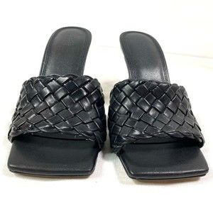 ASOS Basket Weave Peep Square Toe Black Slip On Mule Sandal Heel Size 7- New